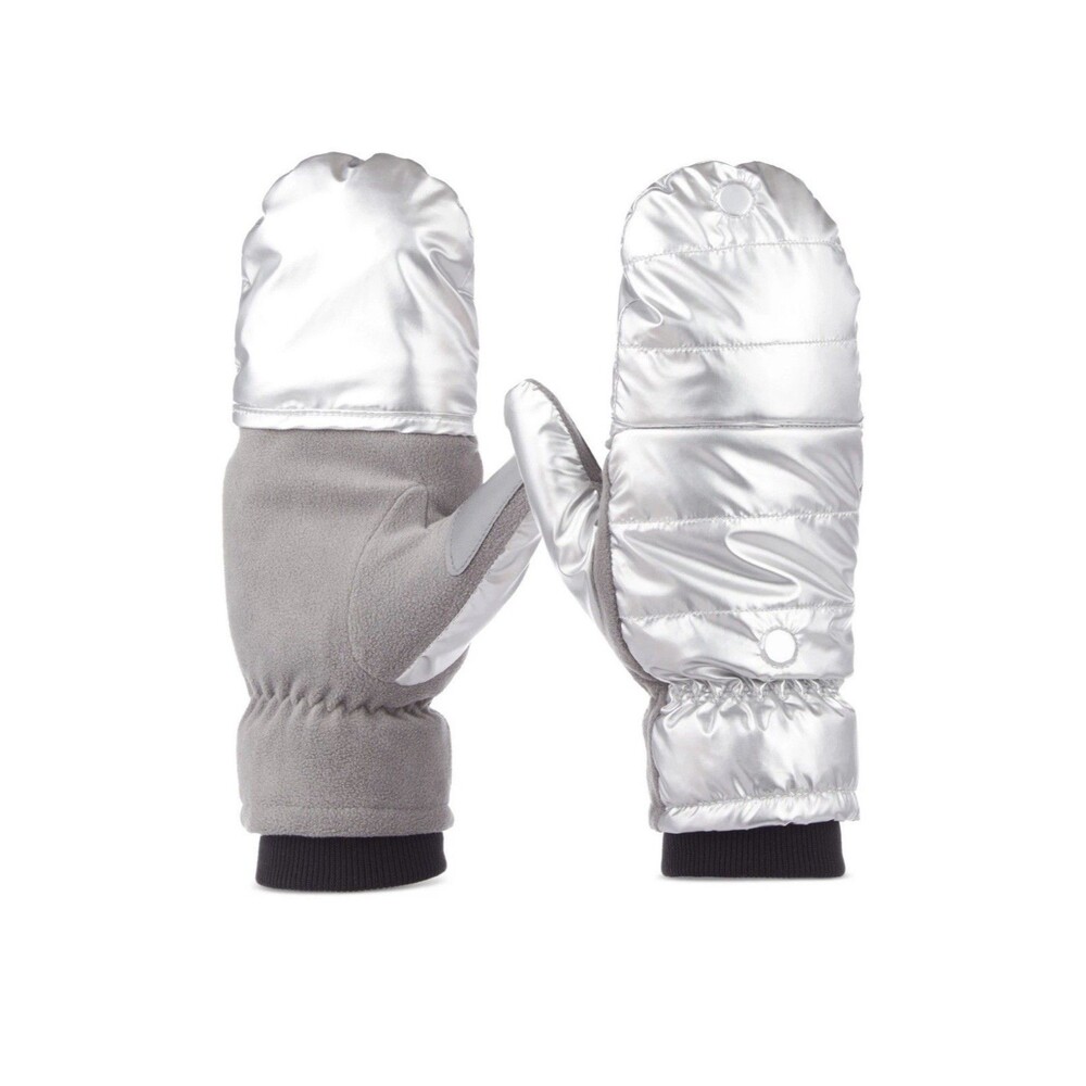 isotoner Sleek Heat Flip Mittens Quilted Silver Touchscreen Gloves Size L/XL